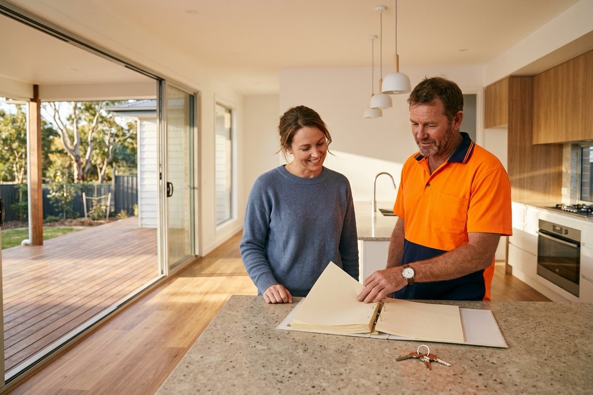 A builder and a home owner in high-vis vests reviewing a handover folder on the kitchen bench of a newly finished home, documents blank