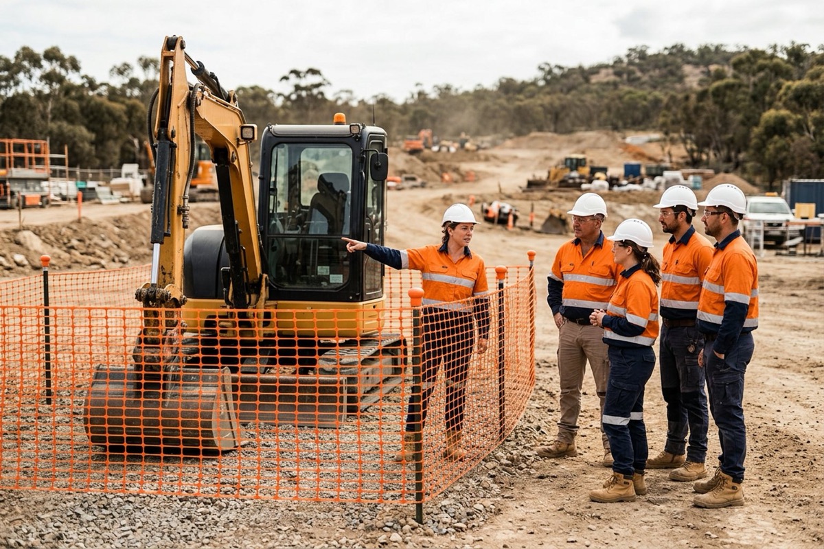 A supervisor pointing out a barricaded exclusion zone to a crew during a toolbox talk