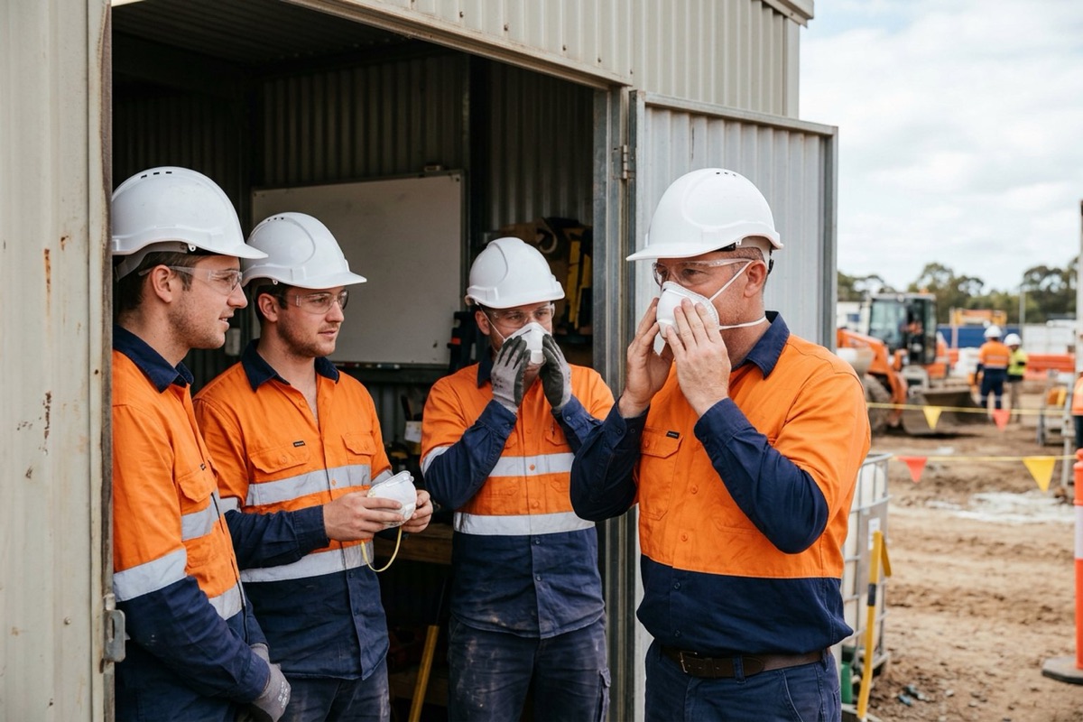 A leading hand demonstrating a respirator fit check to two workers during a toolbox talk