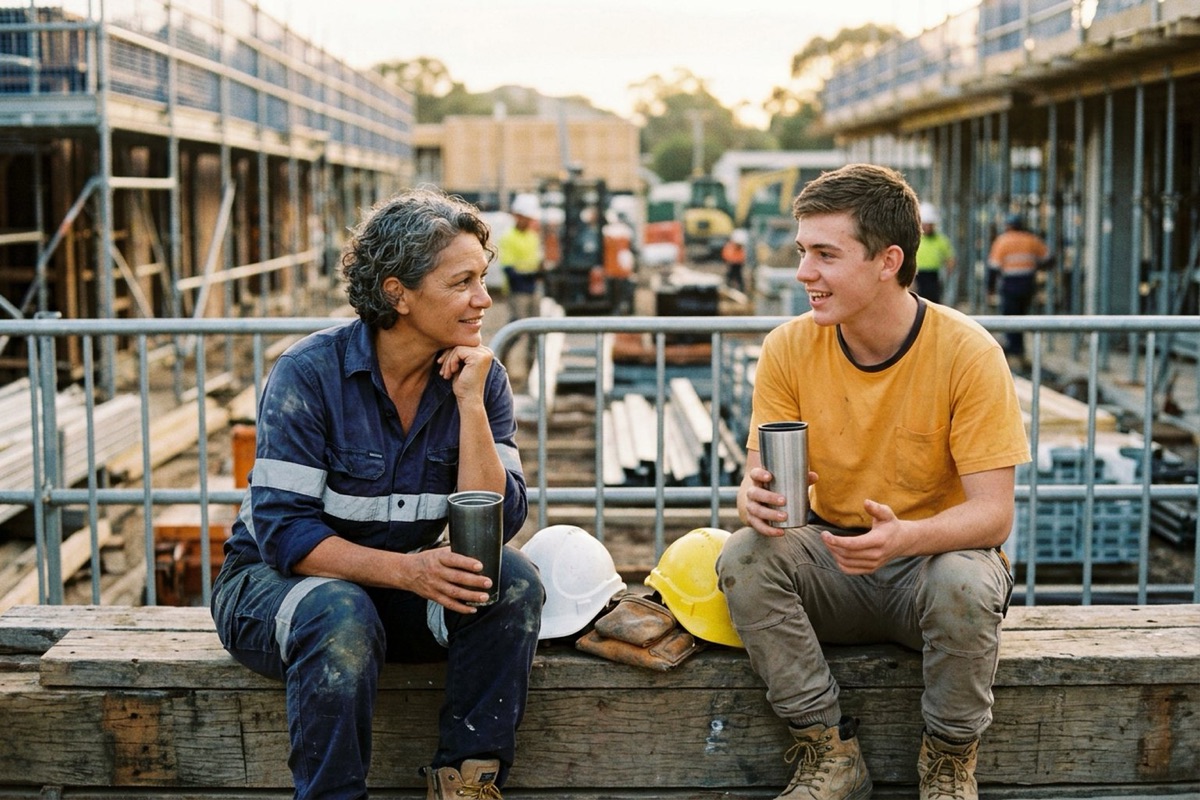 A forewoman and an apprentice sitting on a site bench at smoko in early morning light, deep in conversation