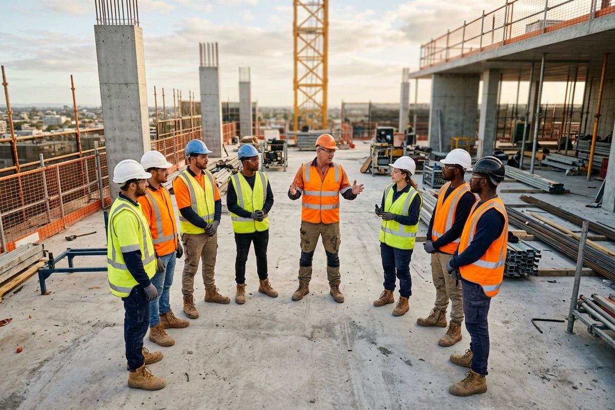 A toolbox talk at a commercial site with a crew in hi-vis standing in a loose circle listening to a supervisor