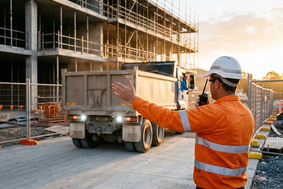 A spotter in high-visibility clothing guiding a reversing tipper truck with a two-way radio inside a barricaded site zone