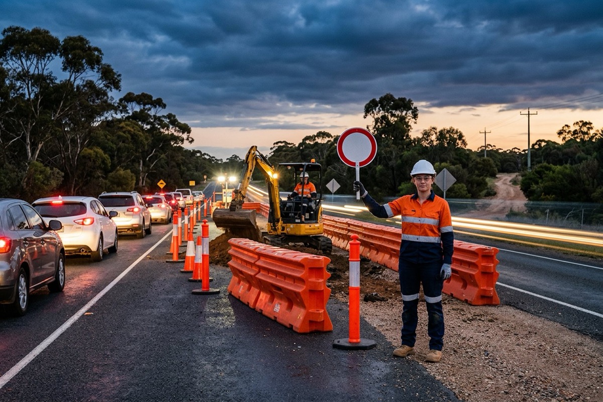 A traffic controller in high-visibility clothing managing a single-lane closure beside a roadside construction site at dusk