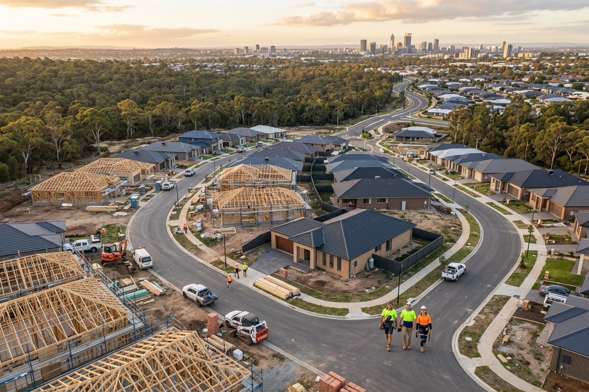 Aerial view of a new housing estate under construction in Australia