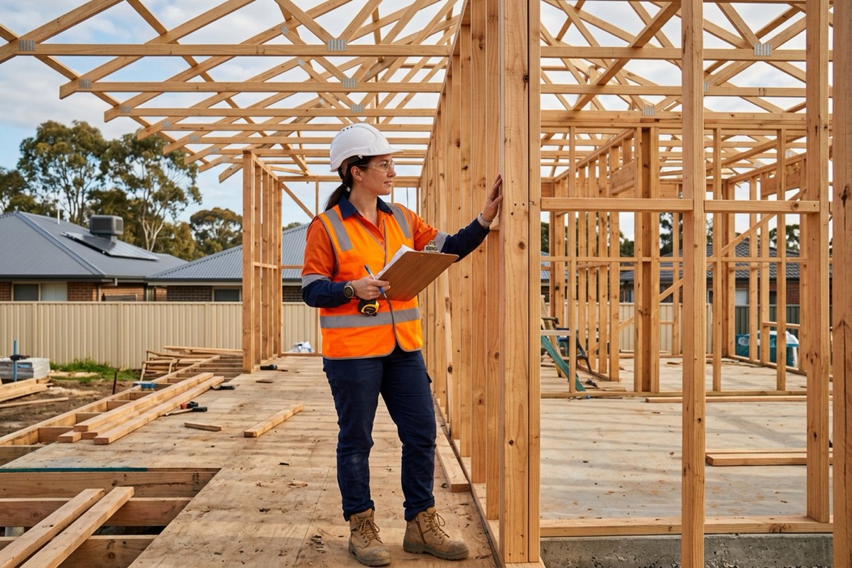 A building inspector checking timber wall framing on a new house