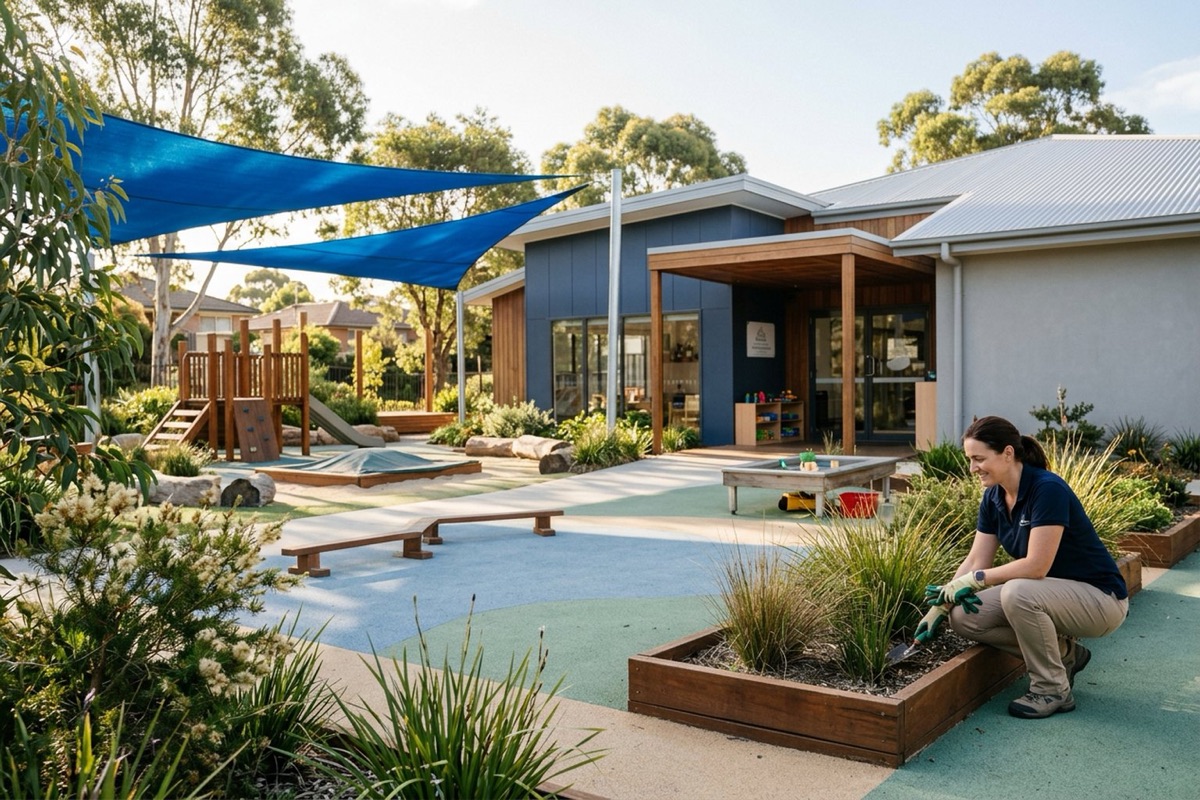 A modern early learning centre building with an outdoor play area