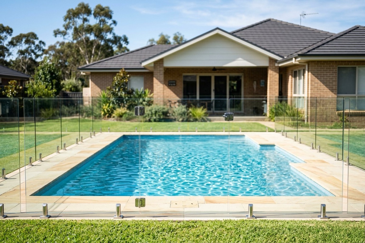 A backyard swimming pool behind a glass pool fence