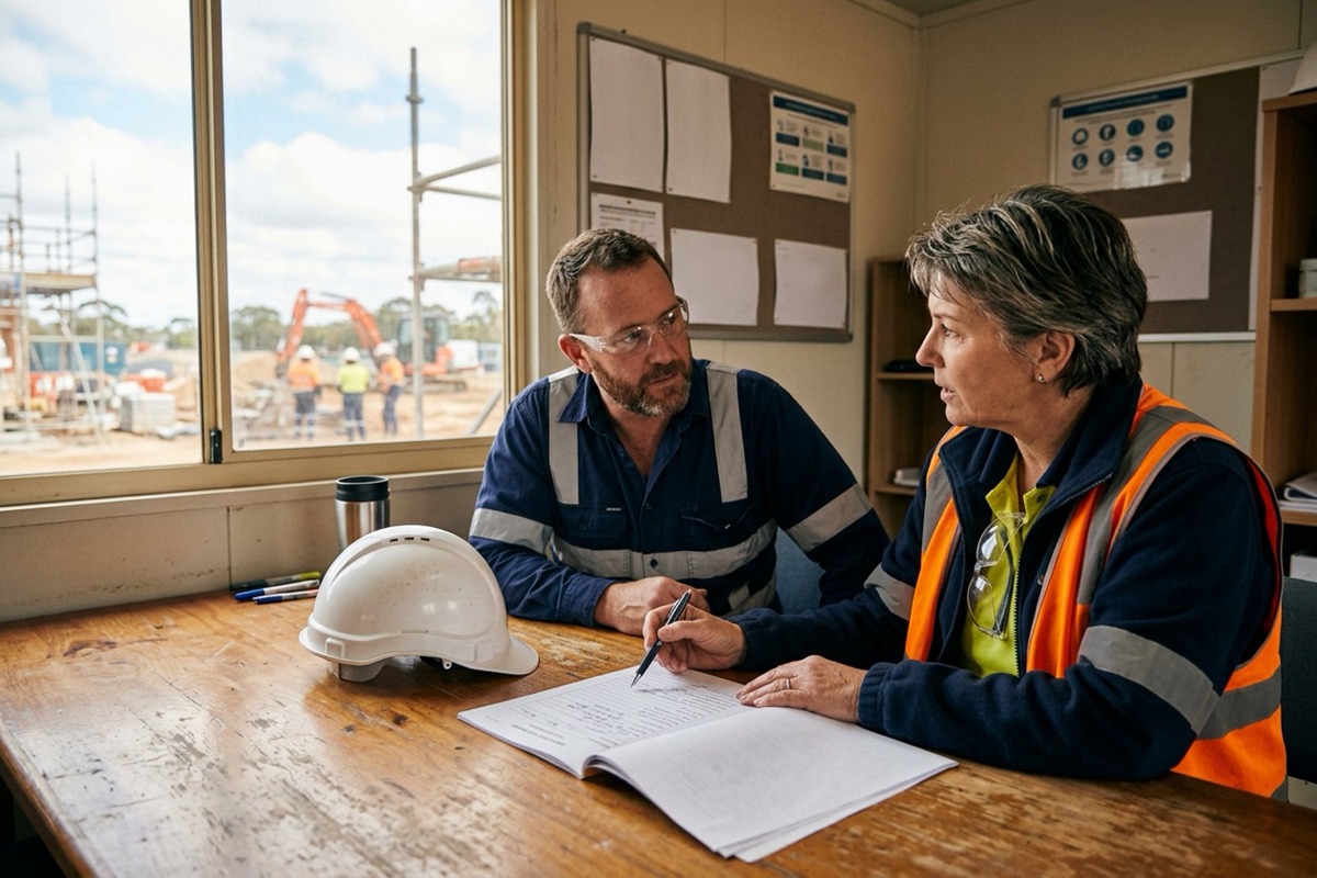 A director questioning a WHS manager about an incident action report in a site office
