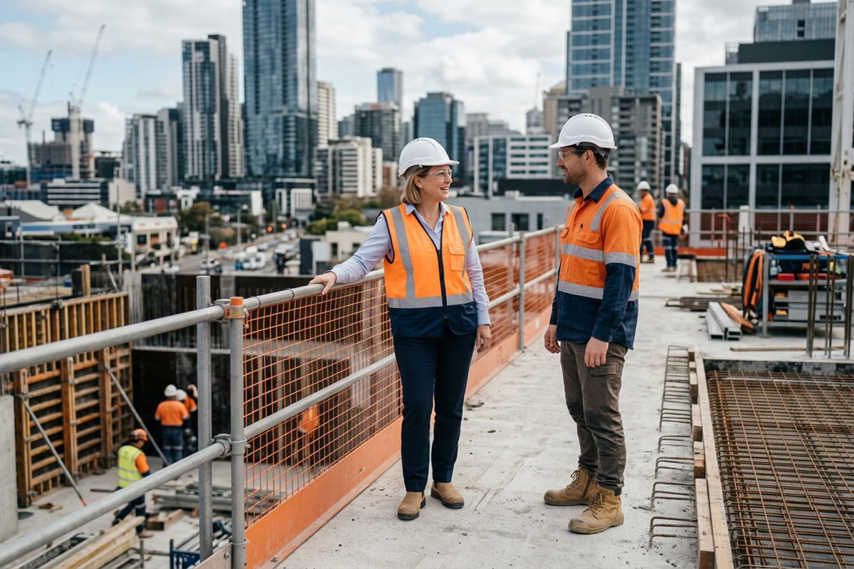 A director checking edge protection with a site supervisor on an upper floor under construction