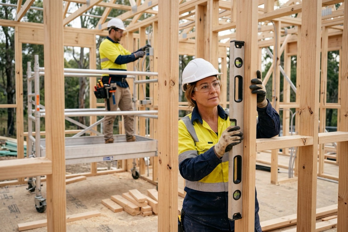 An owner-builder in a hard hat, safety glasses and hi-vis checking a timber wall frame with a spirit level while a licensed electrician works on a scaffold with guardrails behind