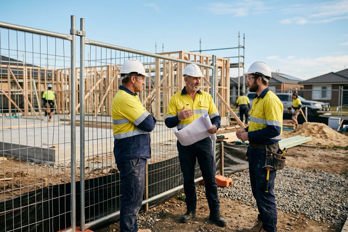 An owner-builder in a hard hat and hi-vis briefing a plumber and a carpenter in PPE beside a temporary site fence on a suburban block, morning light