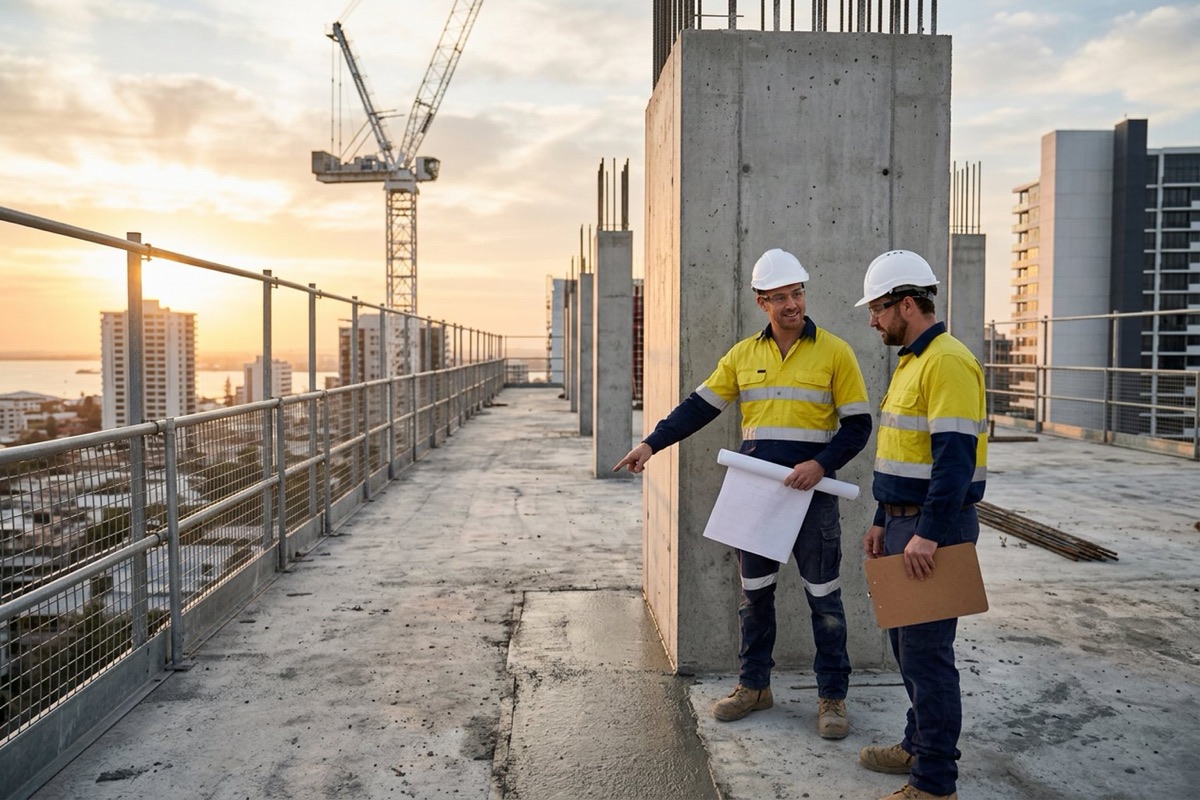 A building surveyor and a site supervisor inspecting the concrete frame of a mid-rise building under construction