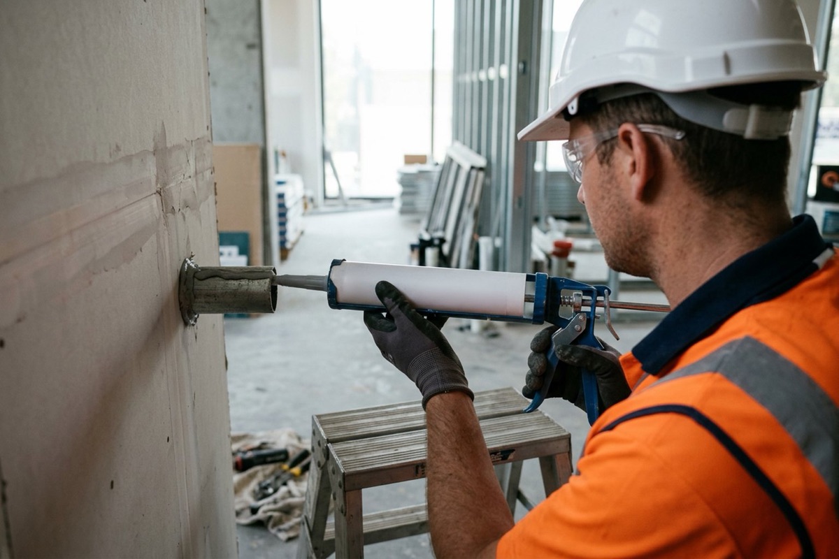 A fire protection installer applying fire-rated sealant around a pipe penetration in a plasterboard wall