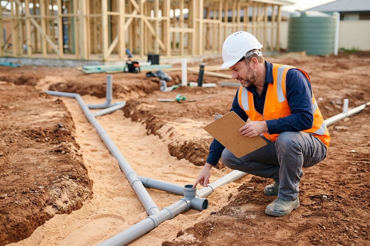 A plumbing inspector checking a sanitary drainage trench with exposed pipework and bedding