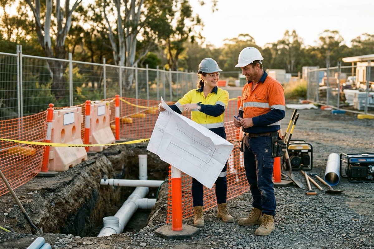 A hydraulic engineer and a licensed plumber reviewing a drainage layout beside an open trench