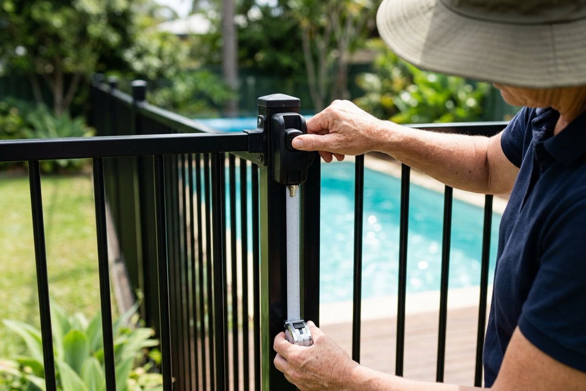 A pool safety inspector checking the high-mounted latch on a closed pool fence gate