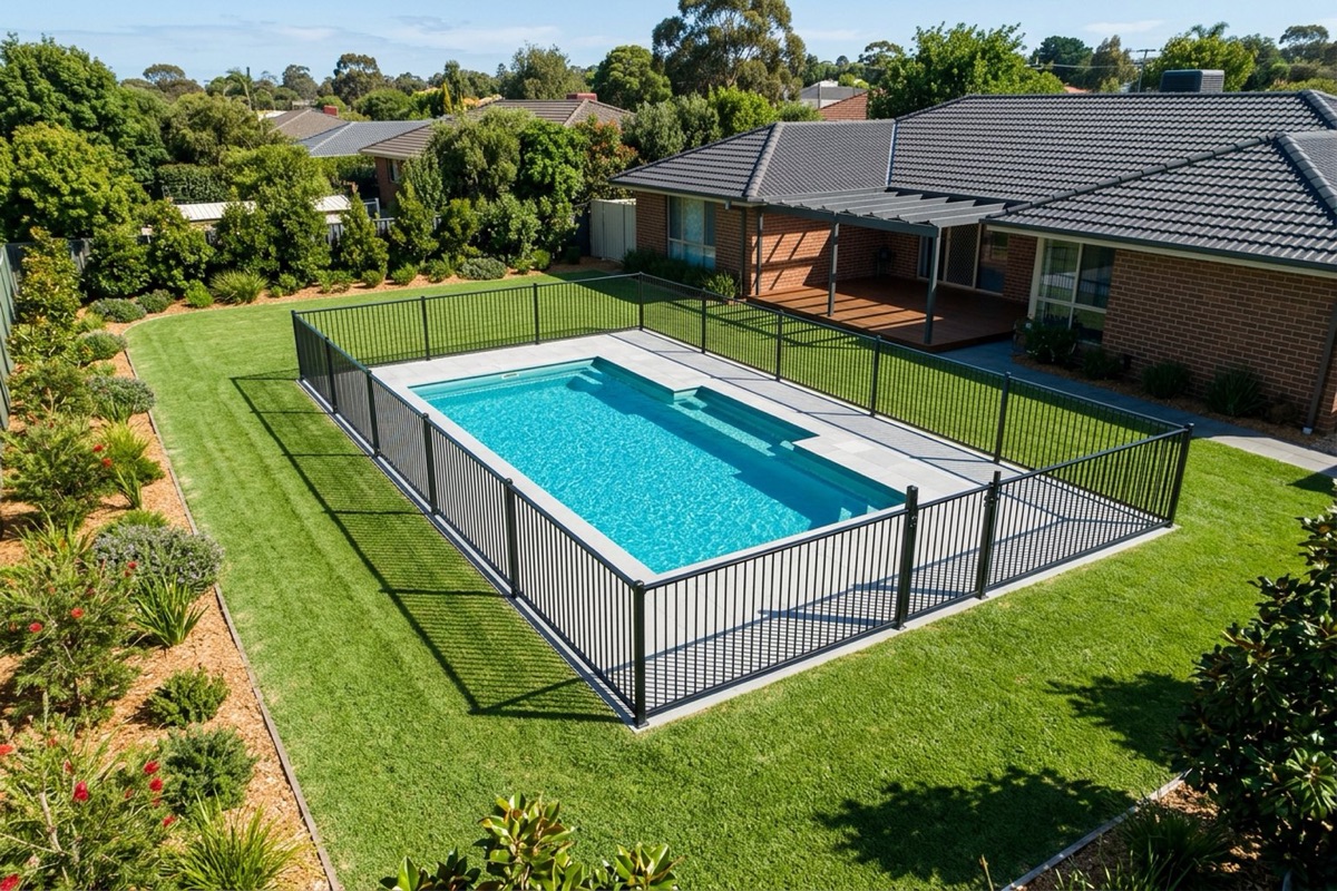 A neat Australian backyard with a pool fence and a clear non-climbable zone of lawn outside it