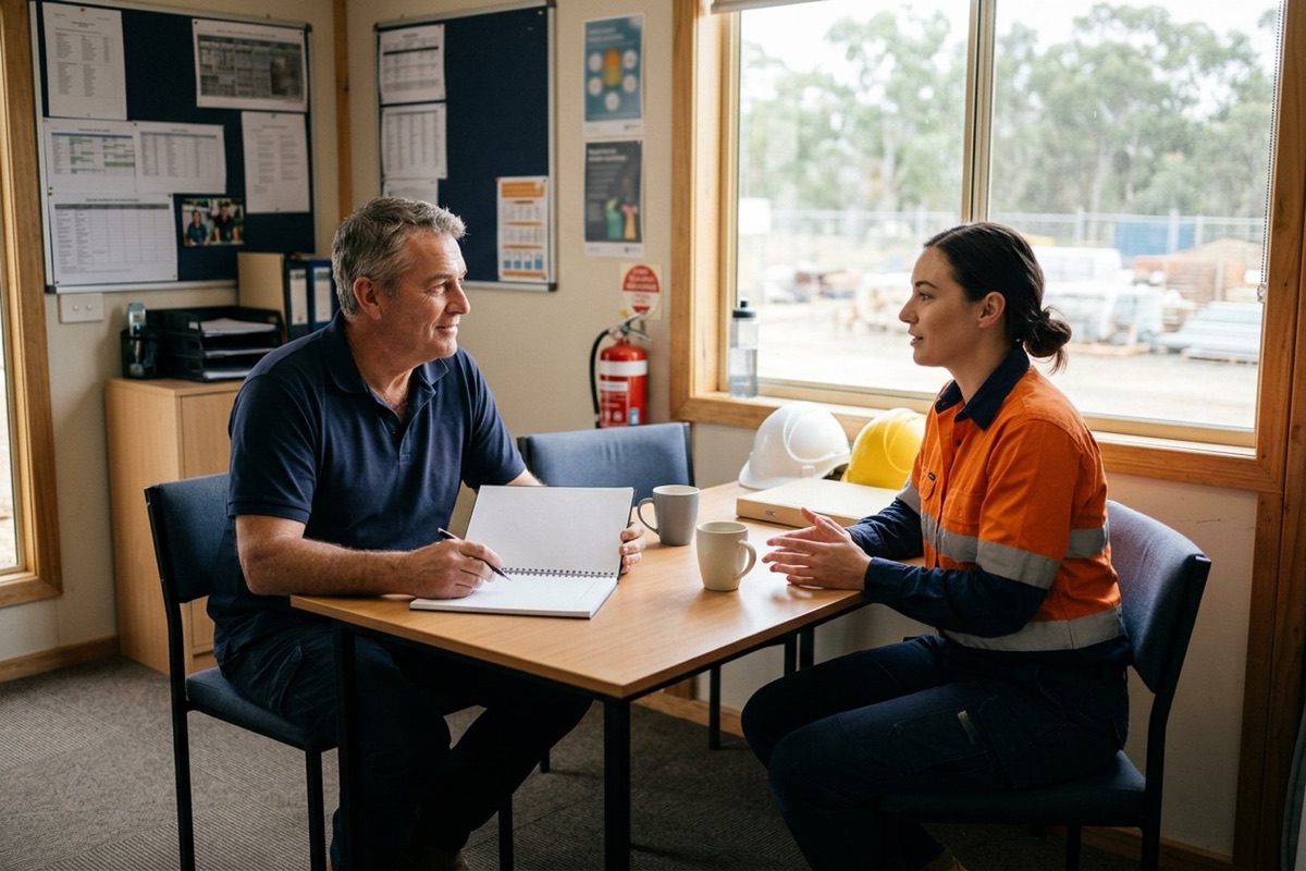 A site manager and a worker talking privately and respectfully in a quiet site office
