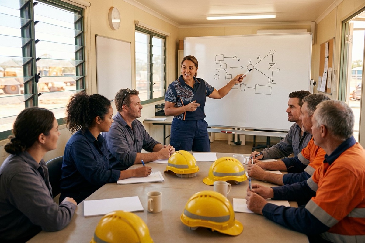 A small training session in a site office with a facilitator and attentive construction workers
