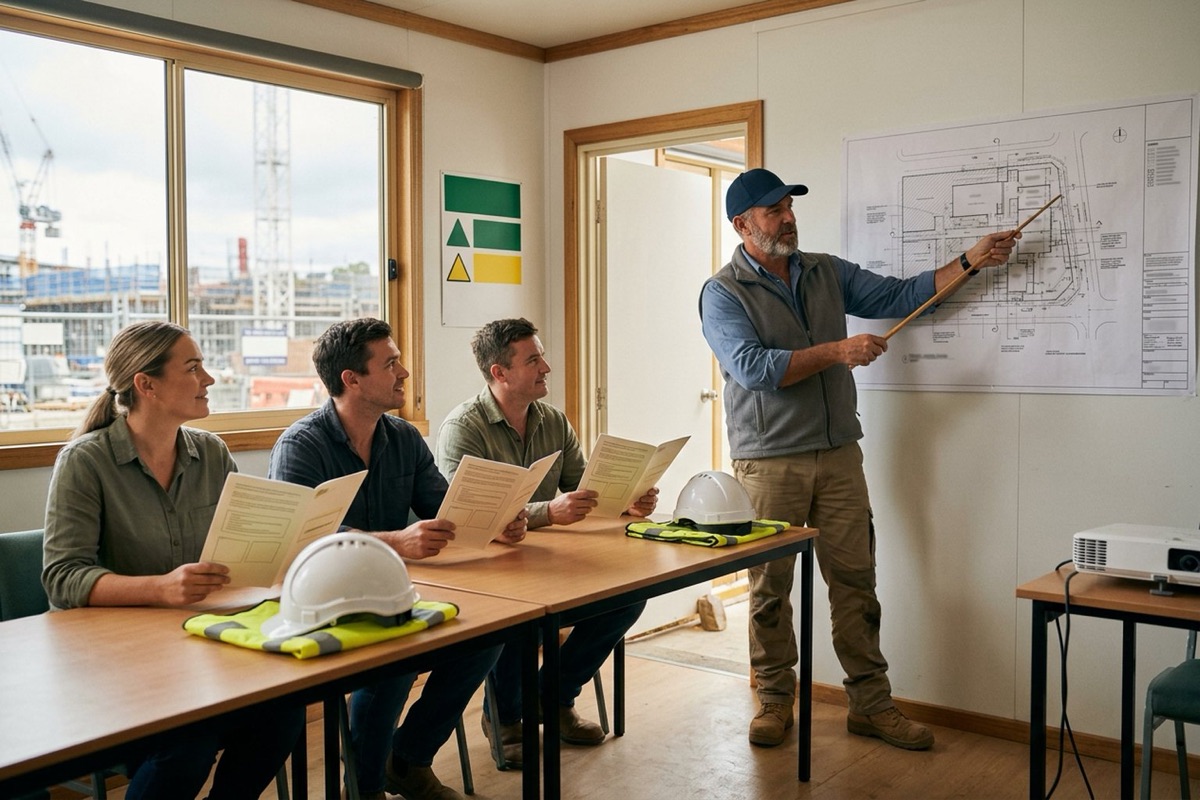 A principal contractor's site supervisor inducting new workers on the site safety plan