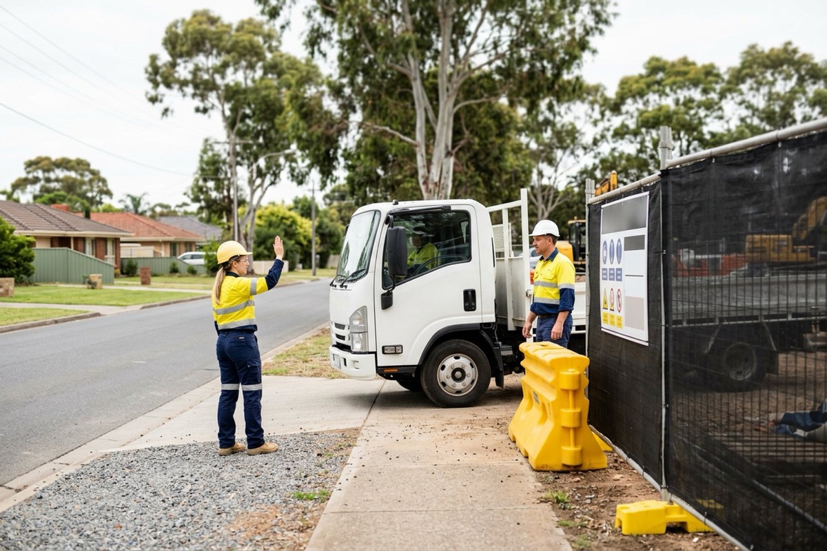 A traffic controller and site supervisor managing a construction site gate beside a public road