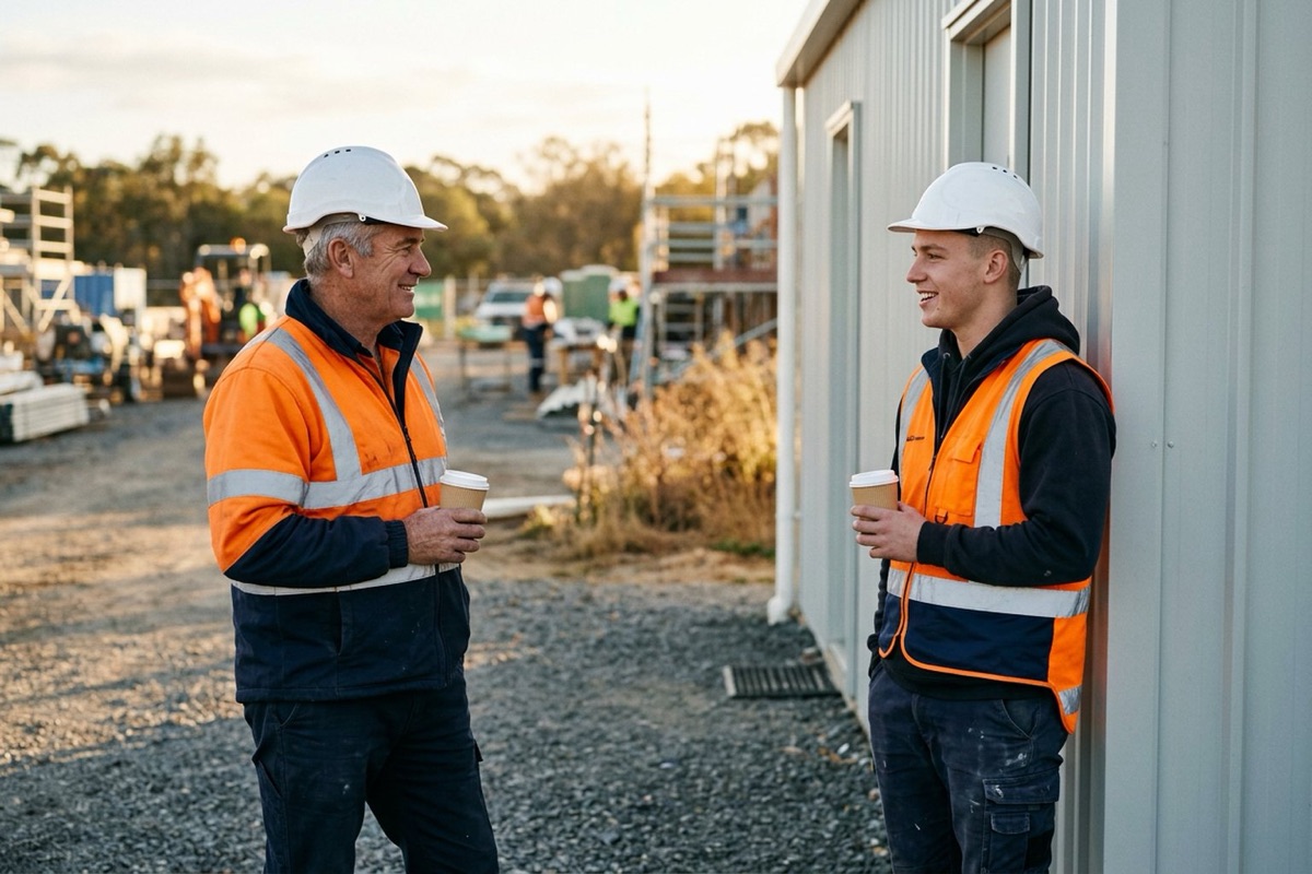 A supervisor checking in with an apprentice beside a site amenities building