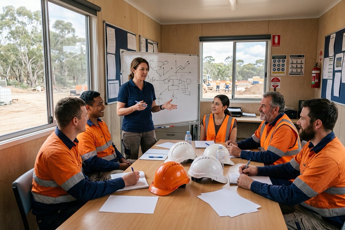 A small construction team taking part in a training session in a bright site office