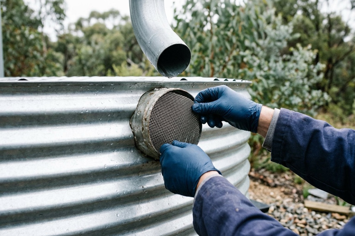 A close detail of a plumber fitting a fine mosquito-proof mesh screen to the inlet of a corrugated steel rainwater tank