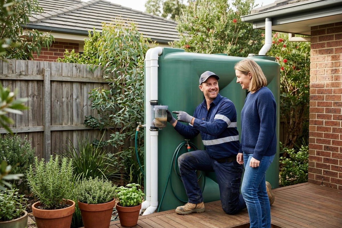 A homeowner and plumber inspecting a first-flush diverter on a downpipe beside a green steel rainwater tank