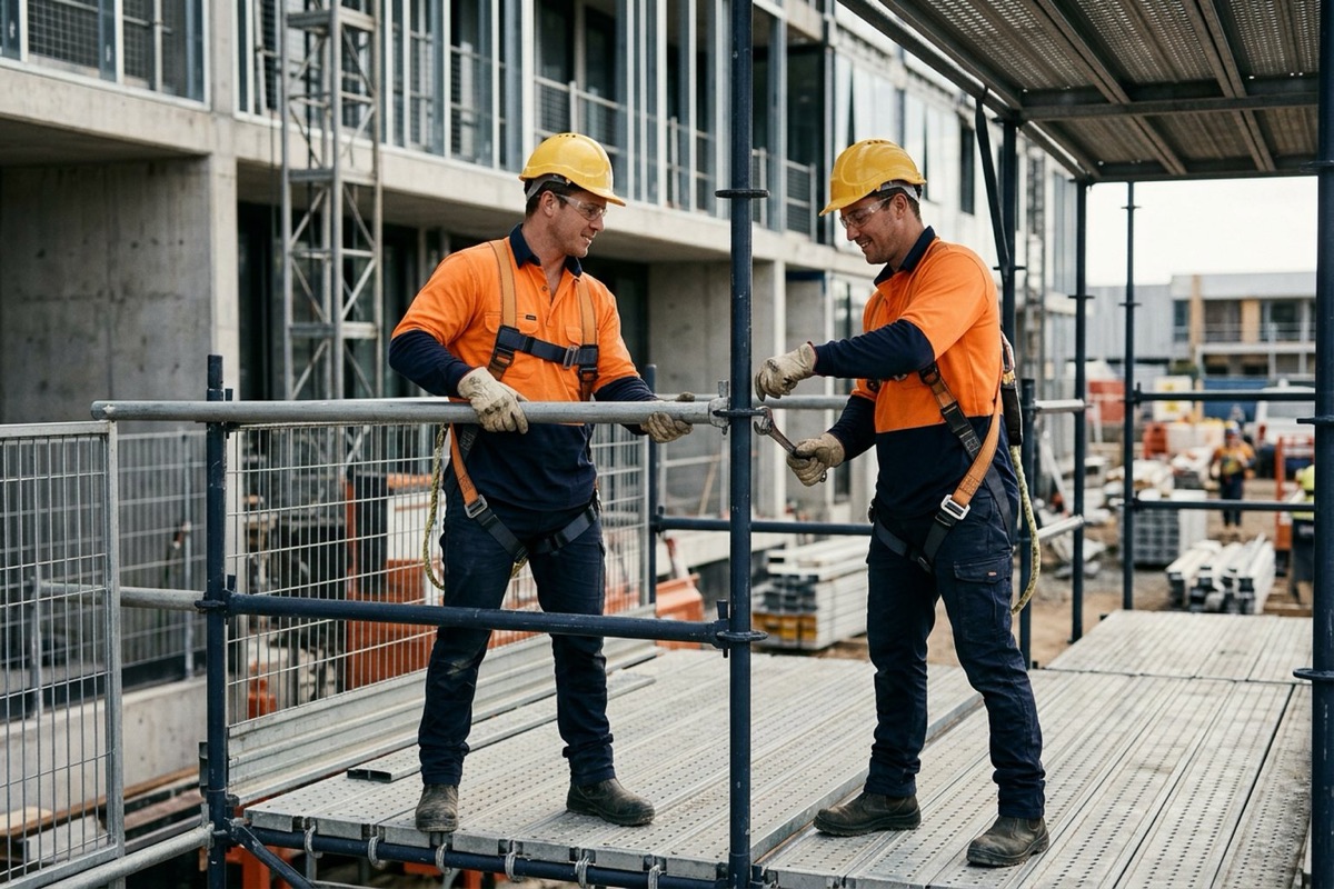 Two licensed scaffolders in harnesses fixing guardrails on a new scaffold lift