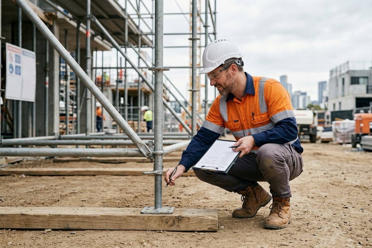 A site supervisor inspecting scaffold base plates and sole boards with a checklist