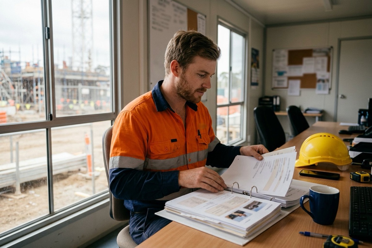 A subcontractor at a site office desk assembling a neat folder of dated progress claims, delivery dockets and site photographs