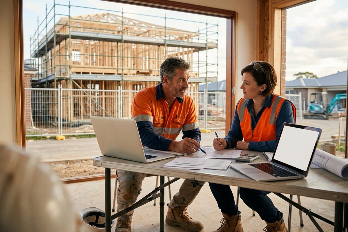 A builder and a contracts administrator discussing a payment schedule at a site office table, laptop screen blank, high-vis vests on