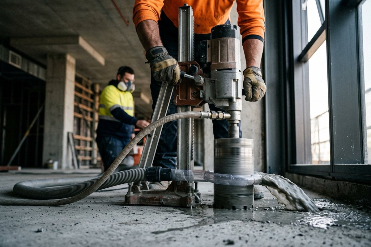 Close-up of a core drill with water feed cutting into a concrete slab, slurry running away from the bit