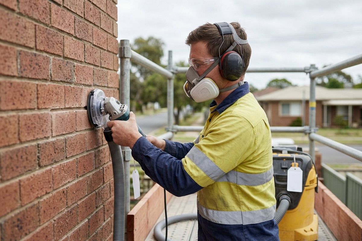 A worker in a P2 respirator using an angle grinder fitted with a dust shroud connected to an industrial vacuum