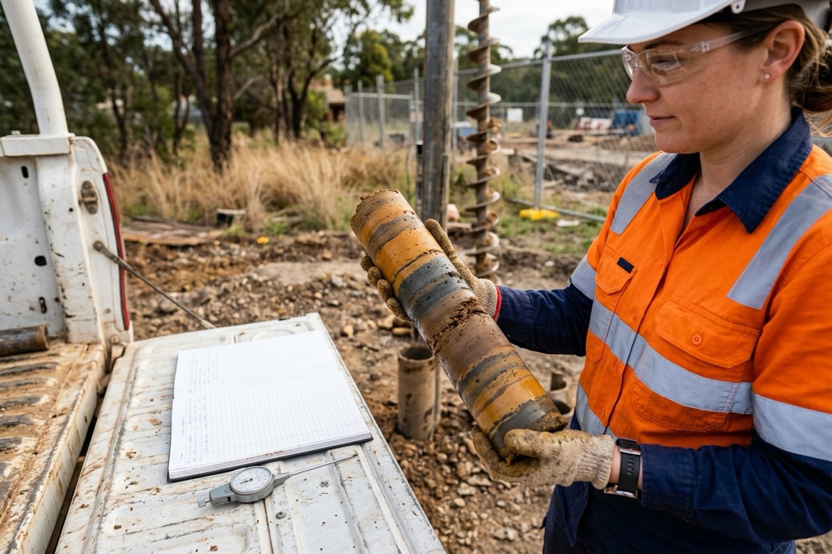 A geotechnical engineer in a hard hat logging a soil core from a borehole on a residential block