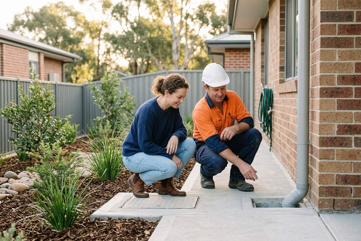 A homeowner and a builder in a hard hat inspecting a downpipe connection and the concrete path falling away from a brick house