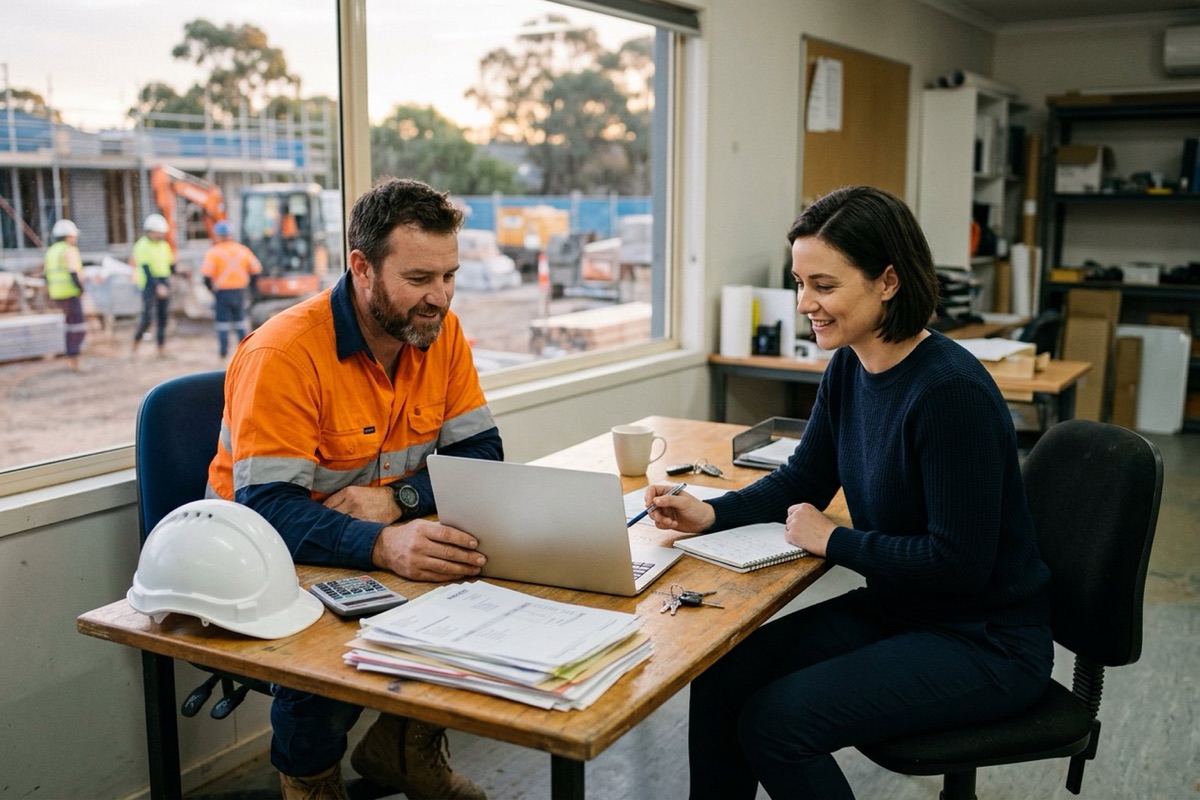 A builder and a bookkeeper reviewing cash flow on a laptop at a small site office desk, screen blank, invoices and a hard hat beside them