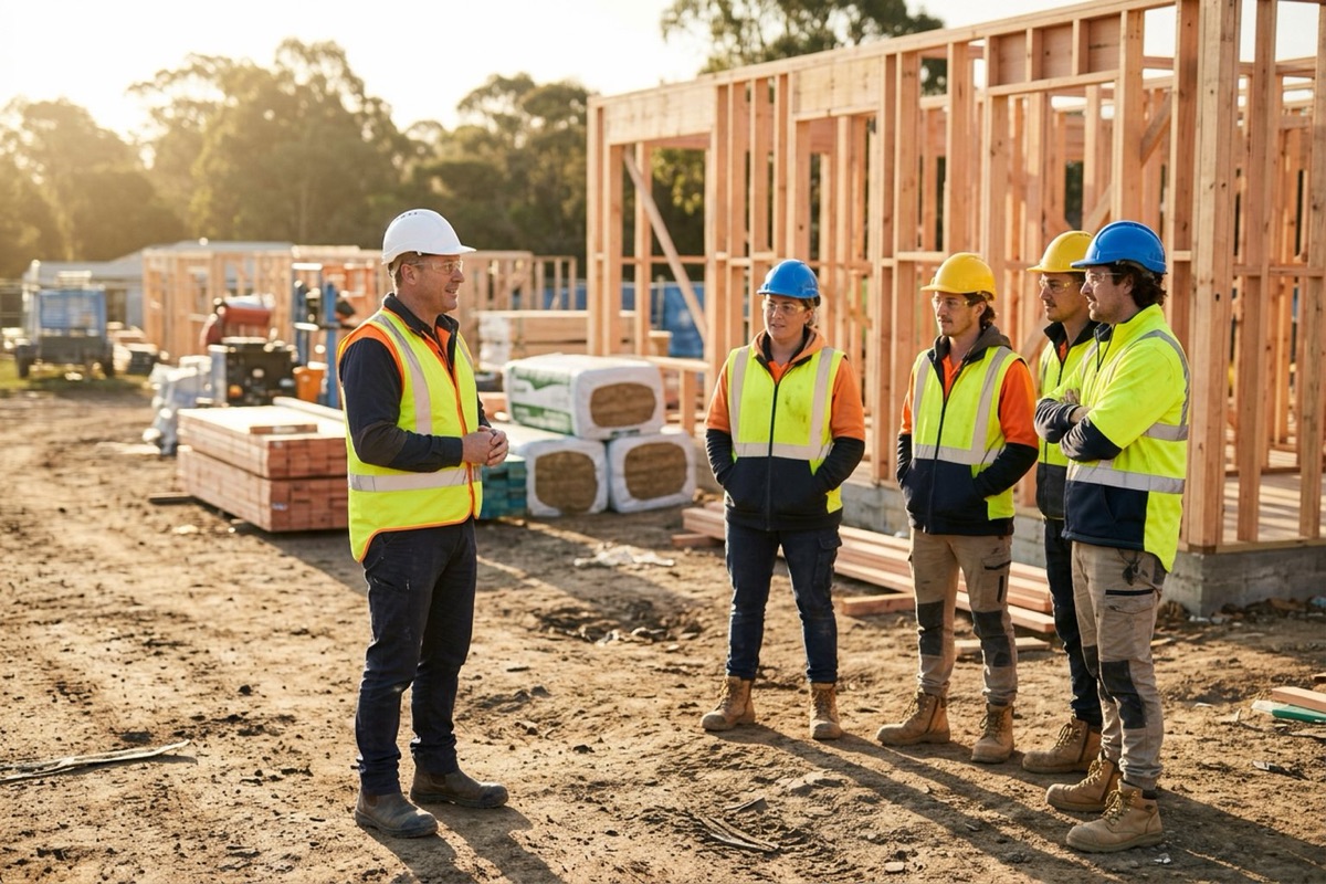 A builder in a hard hat and hi-vis running an early morning toolbox talk with a small crew on a residential site, all in PPE, timber frames behind them