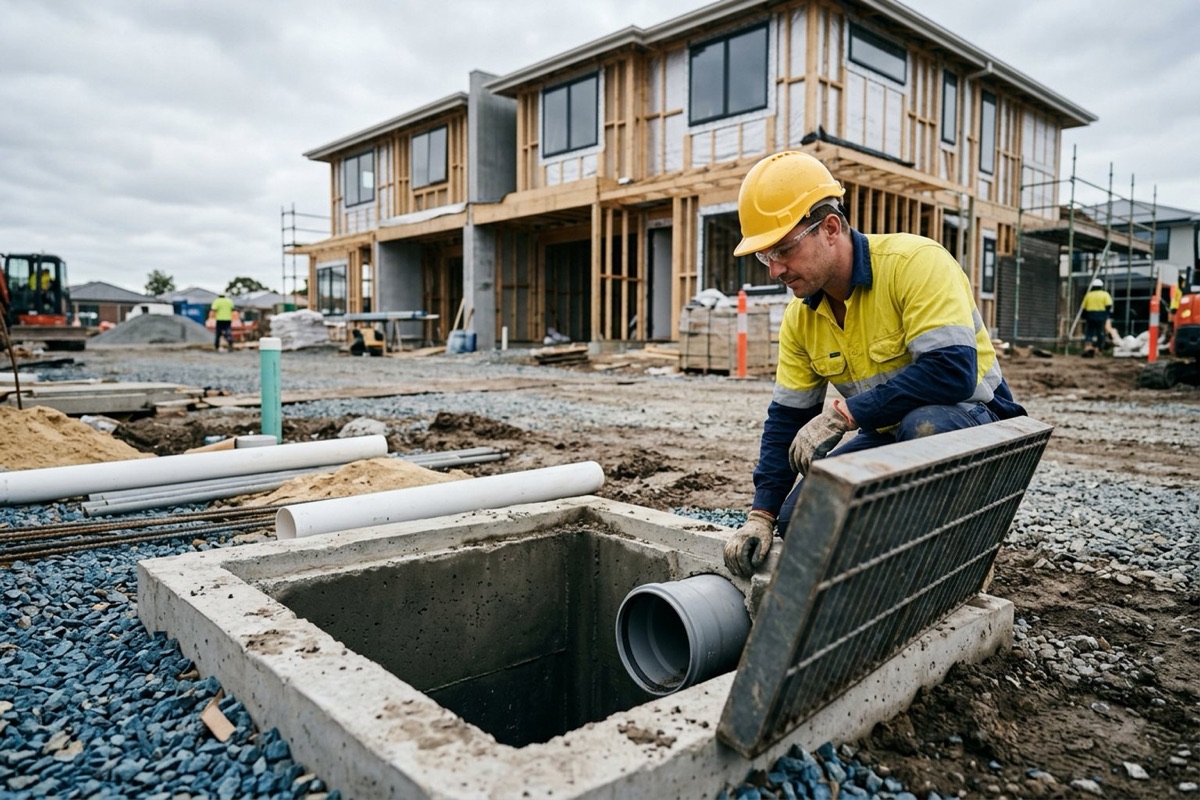 A drainage contractor in hi-vis and hard hat checking the outlet pit of an underground stormwater detention tank on a townhouse site