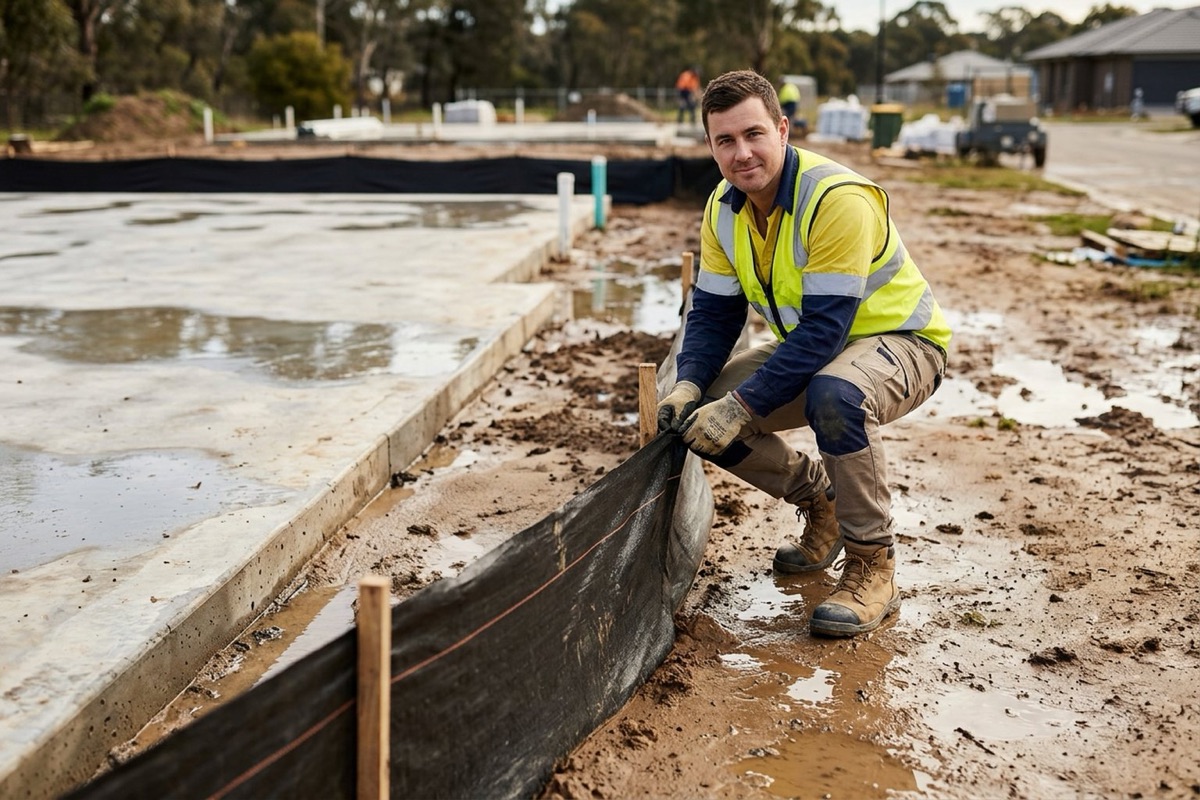 A site worker in hi-vis and gloves repairing a geotextile sediment fence along the low side of a house slab after rain