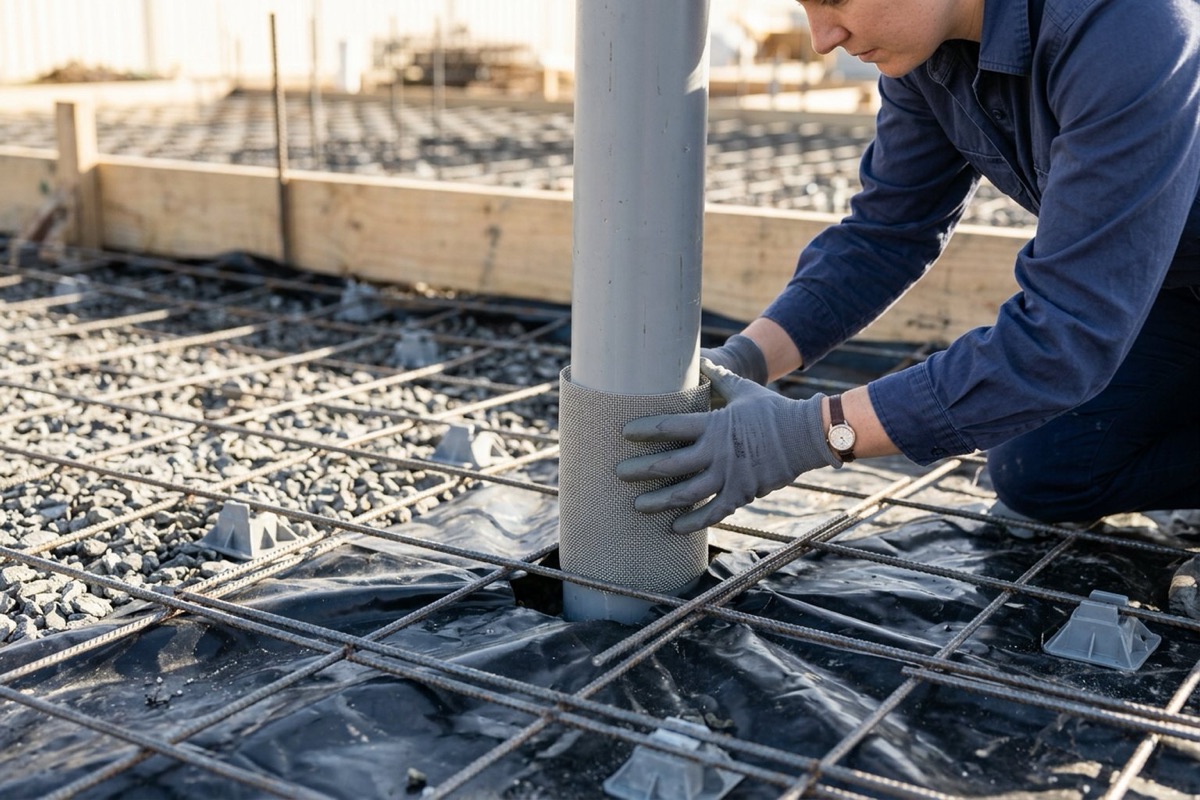 A pest manager fitting a stainless steel mesh termite collar around a plumbing pipe penetration before a slab pour