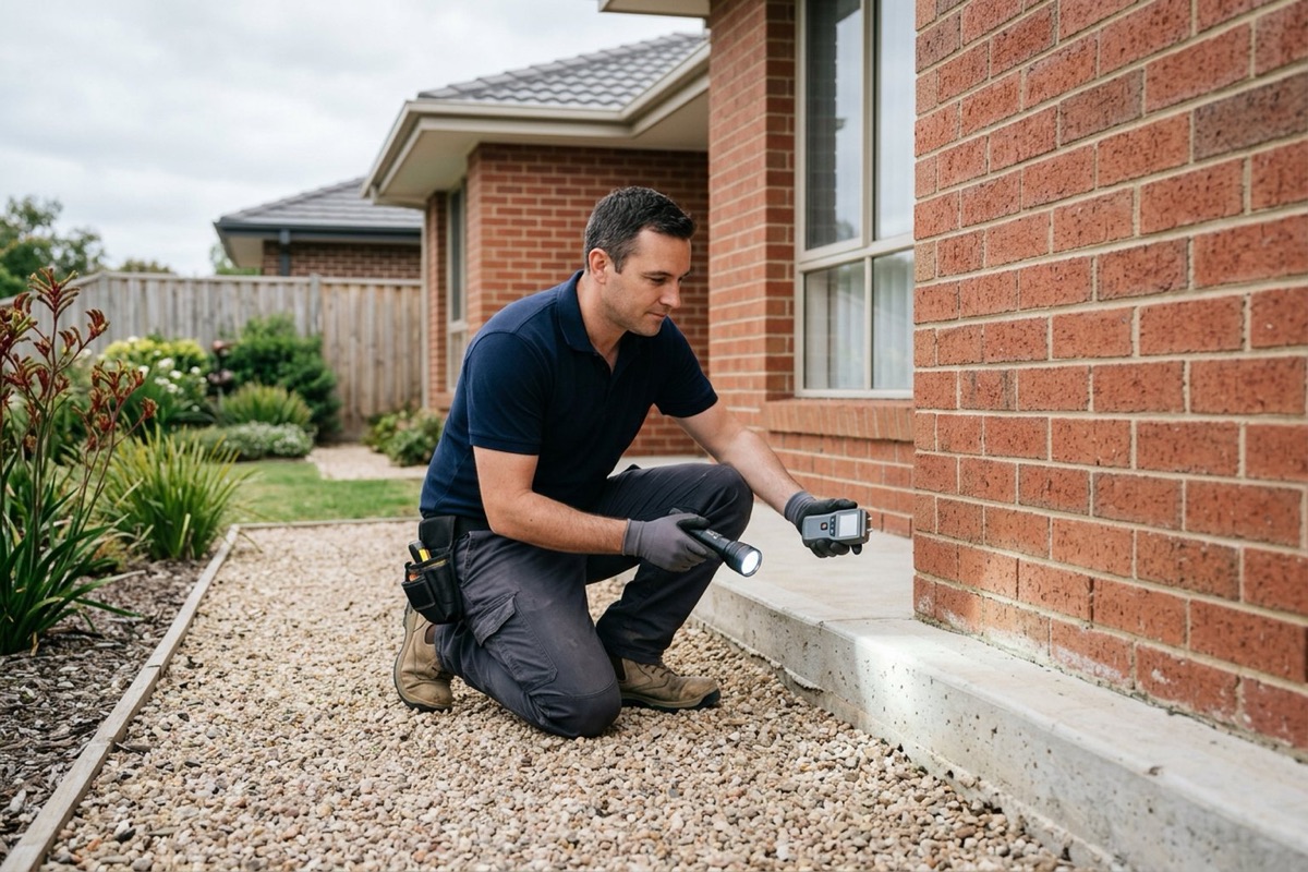 A licensed pest inspector with a torch checking an exposed slab edge and inspection zone beside a new brick home