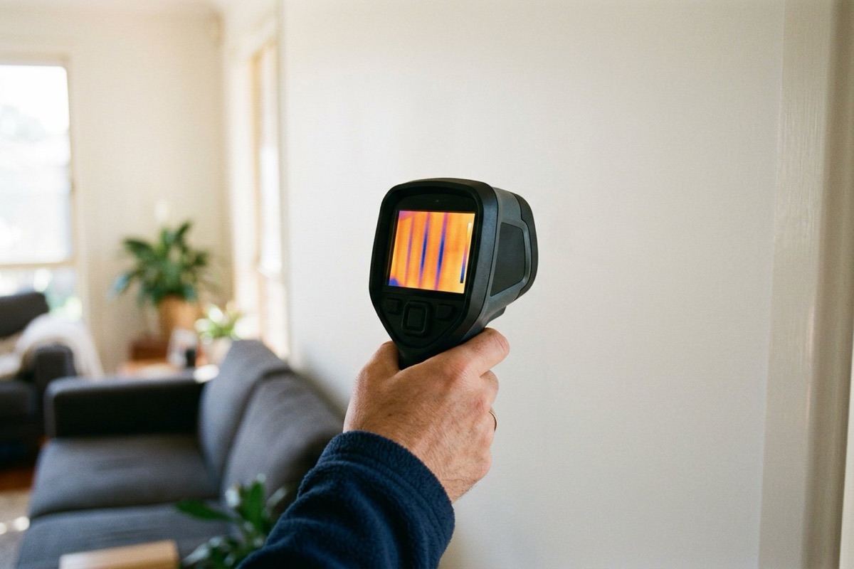 A thermal imaging camera held up to an interior wall, its blank screen showing a cool blue pattern of vertical stud lines