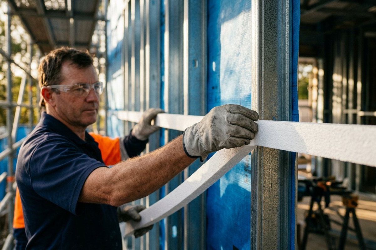 A builder in gloves and safety glasses fixing a foam thermal break strip along a steel wall stud before cladding