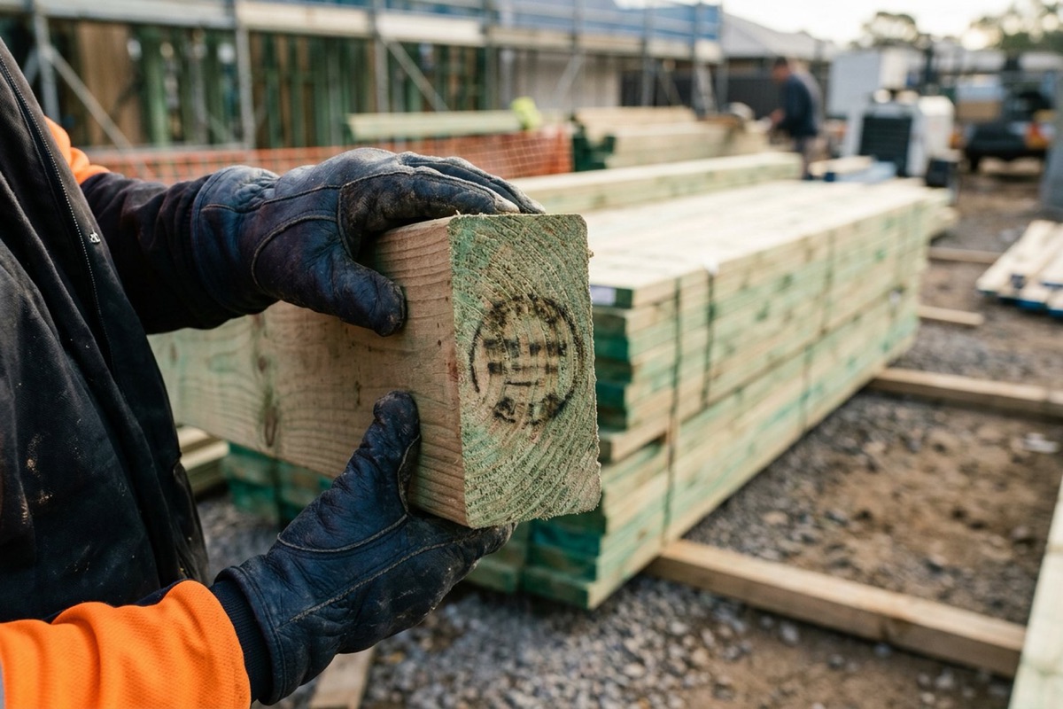 A builder checking the treatment brand on the end of a deck joist before installation