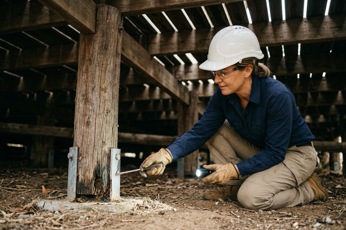 A building inspector probing a timber deck post near its base with a screwdriver while kneeling under a raised deck