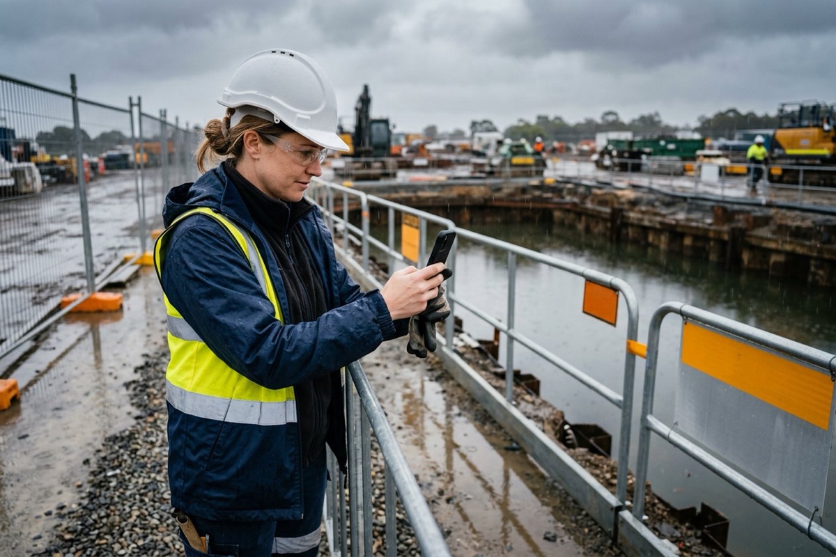 A site supervisor in a hard hat photographing a delayed work area on a rainy Australian construction site, phone held steady, guardrails in place