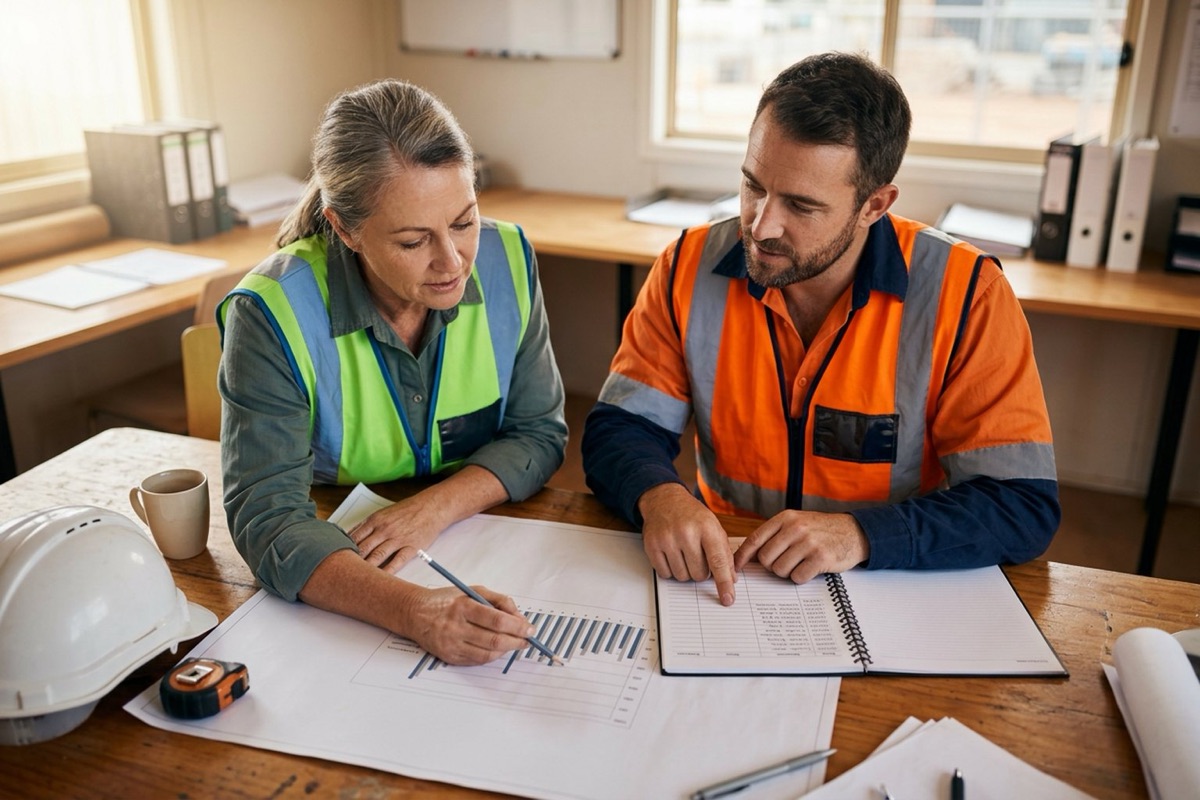 Two people at a site office table comparing a printed construction program with a delay log, pages illegible, high-vis vests on
