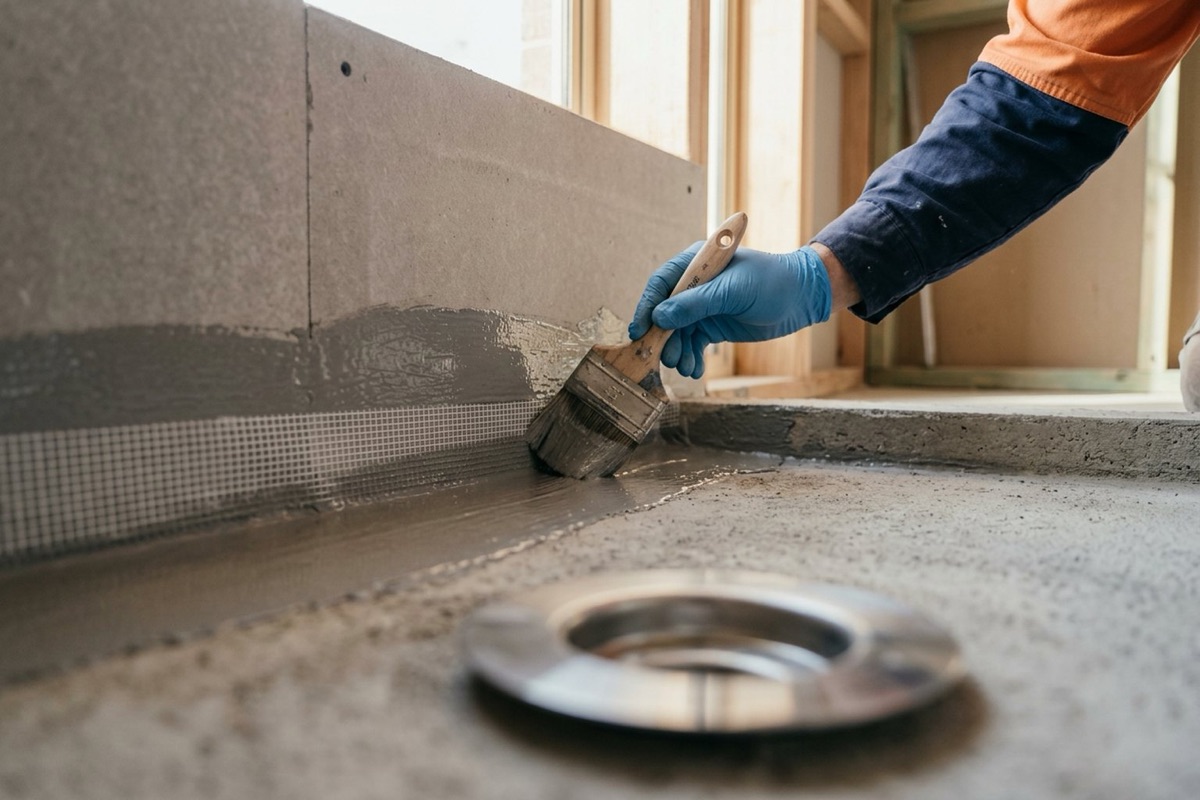 Close-up of a membrane being brushed into a reinforced wall and floor junction in a shower recess